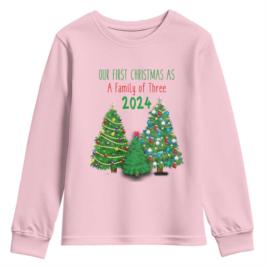 First Christmas As A family Of Three Youth Sweatshirt TS09 Light Pink Print Your Wear