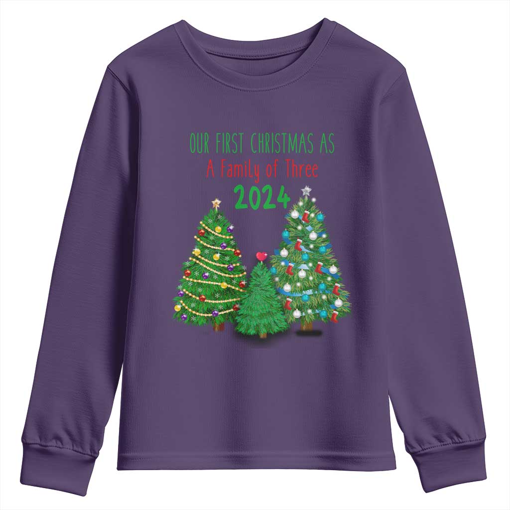 First Christmas As A family Of Three Youth Sweatshirt TS09 Purple Print Your Wear