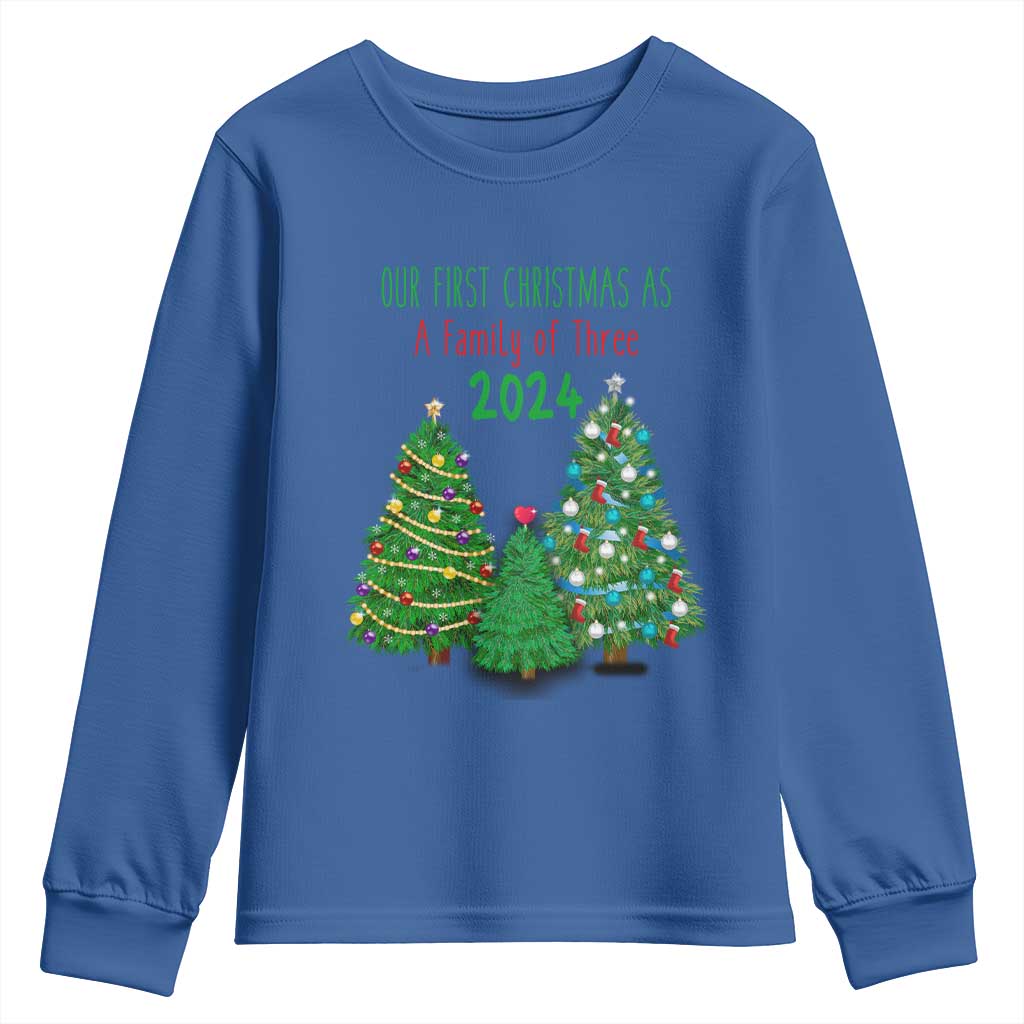 First Christmas As A family Of Three Youth Sweatshirt TS09 Royal Blue Print Your Wear