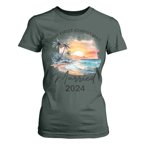 First Christmas Married 2024 Couple Matching T Shirt For Women TS09 Dark Forest Green Print Your Wear