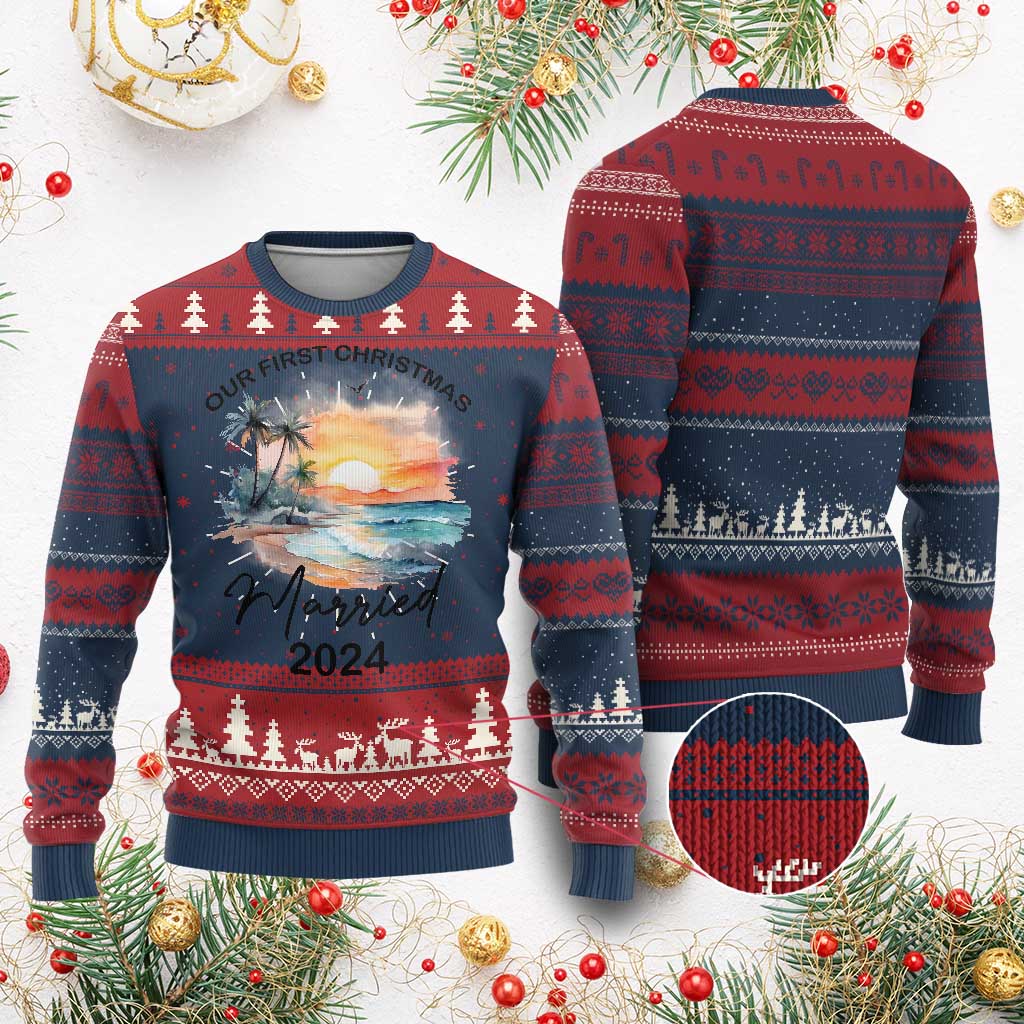 First Christmas Married 2024 Couple Matching Ugly Christmas Sweater TS09 Burgundy Print Your Wear