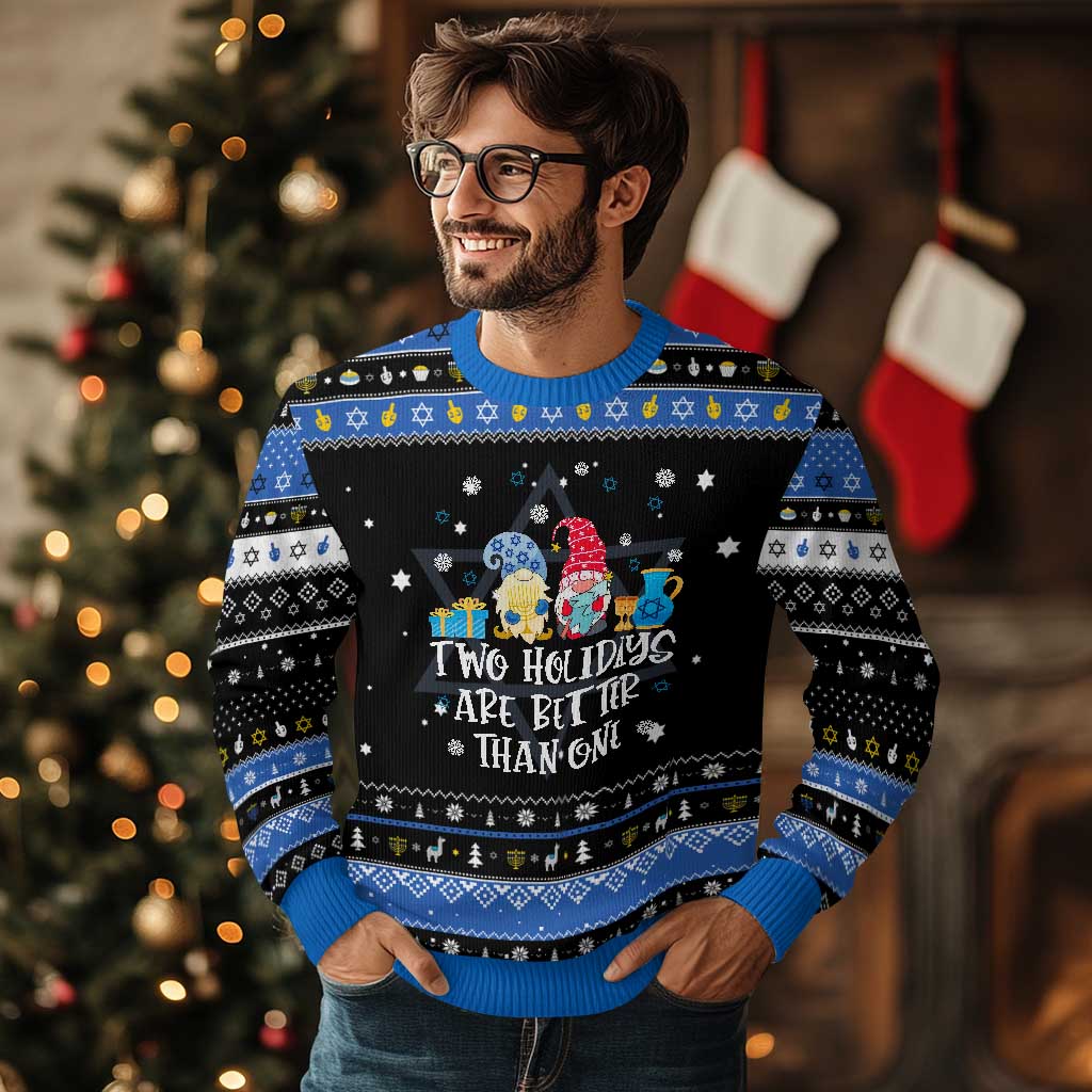 Funny Christmas Hanukkah Ugly Sweater Two Holidays Are Better Than One Jewish Gnome TS09 Black Blue Print Your Wear