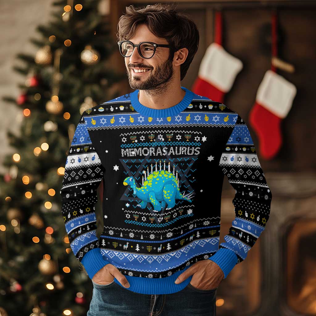 Menorasaurus Dinosaur Hanukkah Ugly Sweater Menorah Dino TS09 Black Blue Print Your Wear