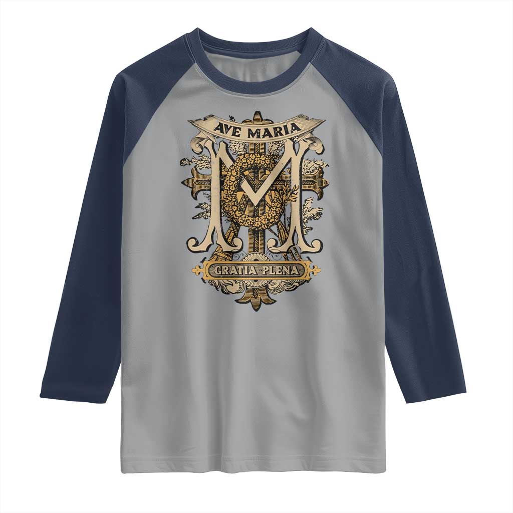 Ave Maria Raglan Shirt Gratia Plena Blessed Mother Mary Hail TS09 Sport Gray Navy Print Your Wear
