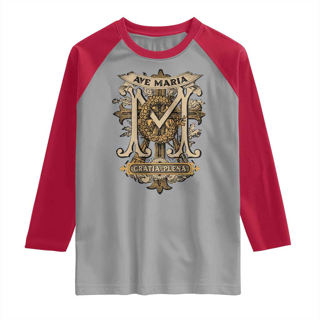 Ave Maria Raglan Shirt Gratia Plena Blessed Mother Mary Hail TS09 Sport Gray Red Print Your Wear
