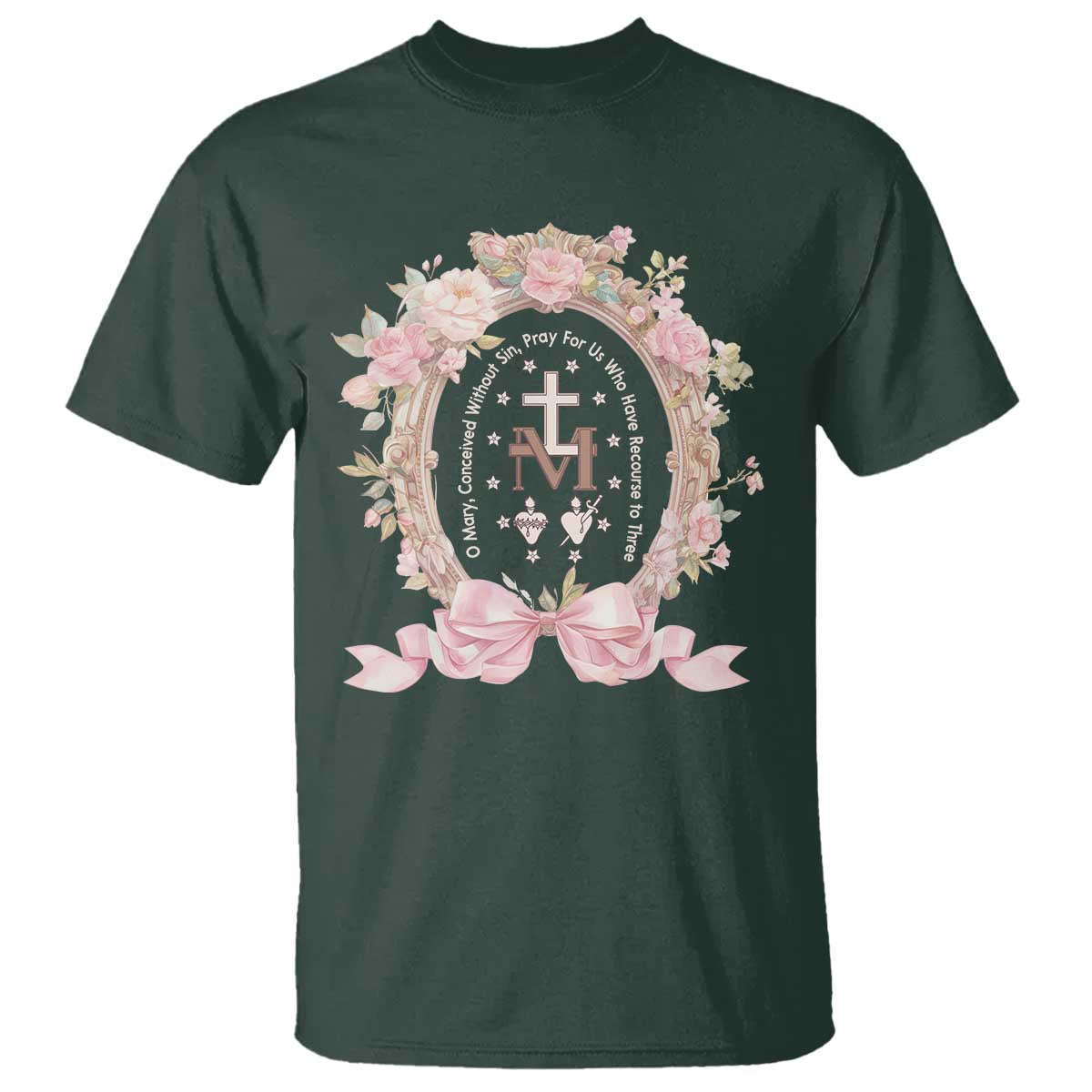 Ave Maria T Shirt Miraculous Medal Blessed Mother Mary Hail TS09 Dark Forest Green Print Your Wear