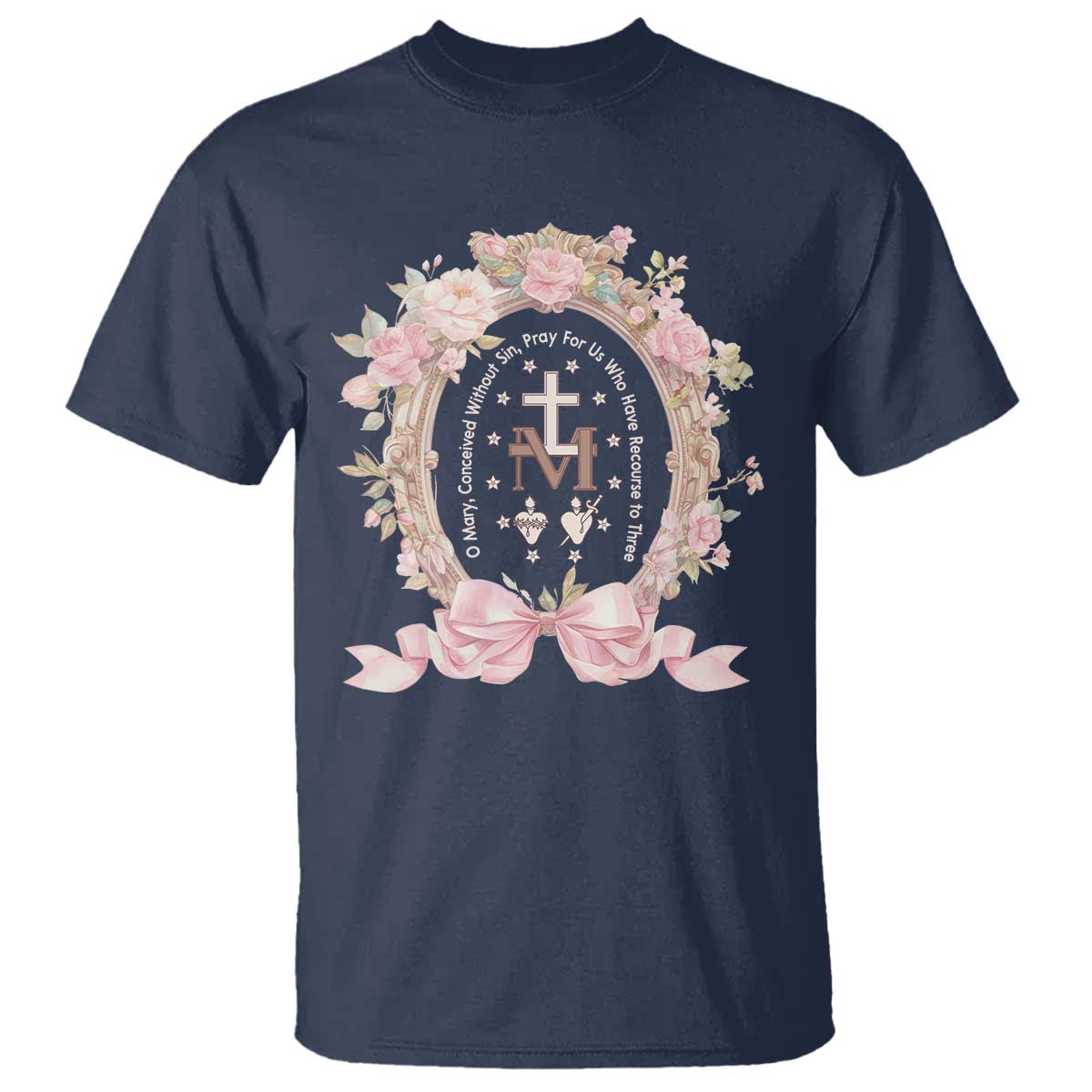 Ave Maria T Shirt Miraculous Medal Blessed Mother Mary Hail TS09 Navy Print Your Wear