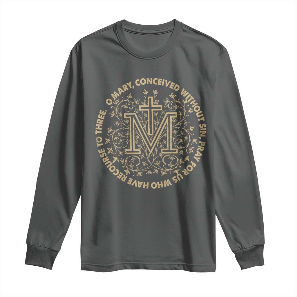 Marian Catholic Ave Maria Long Sleeve Shirt Miraculous Medal Blessed Mother Mary Hail TS09 Dark Heather Print Your Wear