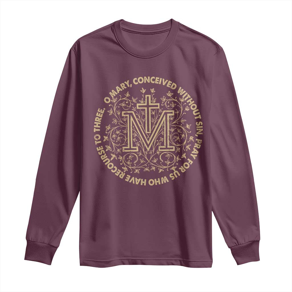 Marian Catholic Ave Maria Long Sleeve Shirt Miraculous Medal Blessed Mother Mary Hail TS09 Maroon Print Your Wear