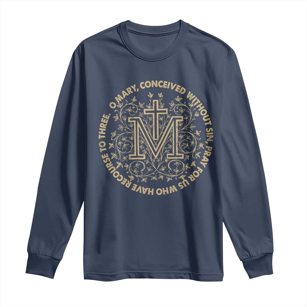 Marian Catholic Ave Maria Long Sleeve Shirt Miraculous Medal Blessed Mother Mary Hail TS09 Navy Print Your Wear