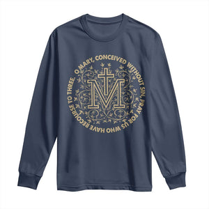 Marian Catholic Ave Maria Long Sleeve Shirt Miraculous Medal Blessed Mother Mary Hail TS09 Navy Print Your Wear