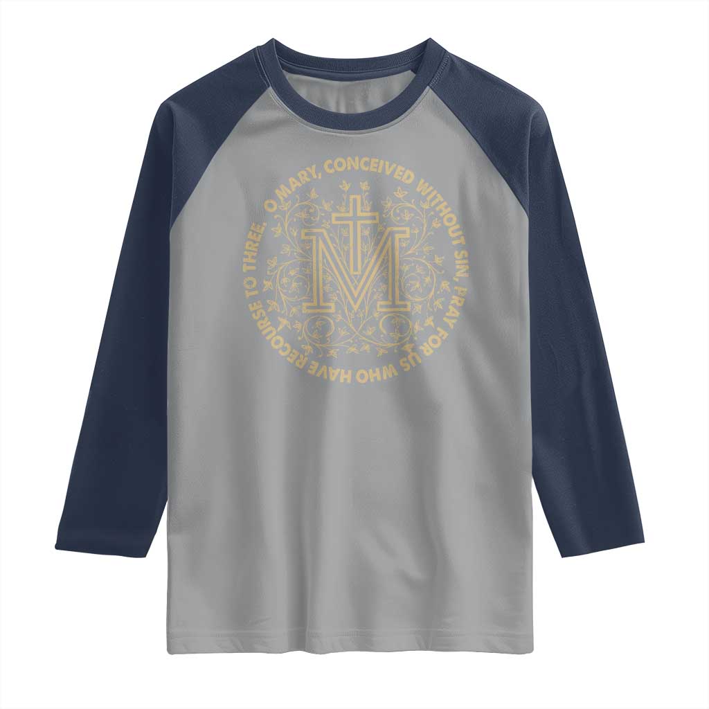 Marian Catholic Ave Maria Raglan Shirt Miraculous Medal Blessed Mother Mary Hail TS09 Sport Gray Navy Print Your Wear
