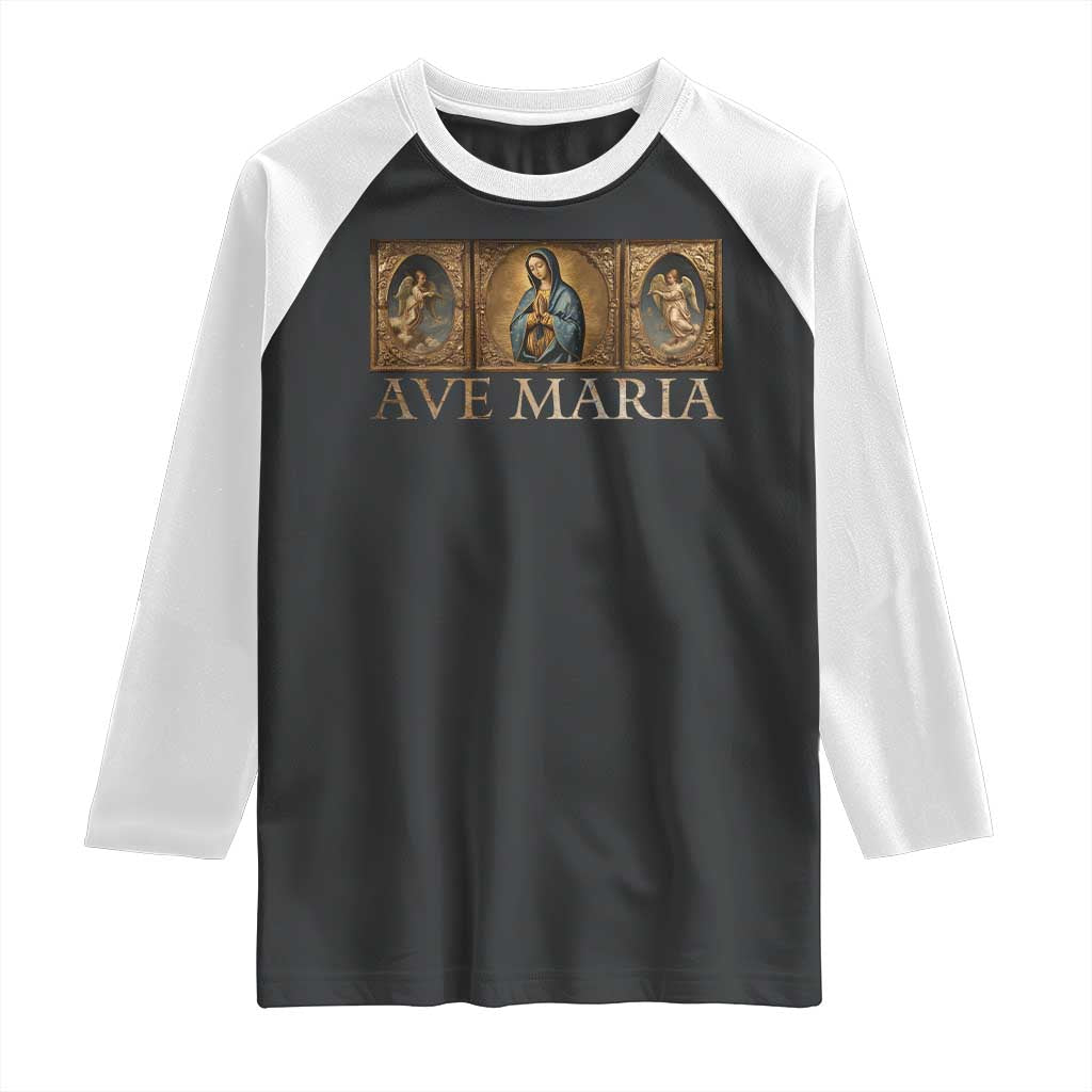 Marian Catholic Ave Maria Raglan Shirt Vintage Aesthetic Blessed Mother Mary Hail TS09 Black White Print Your Wear