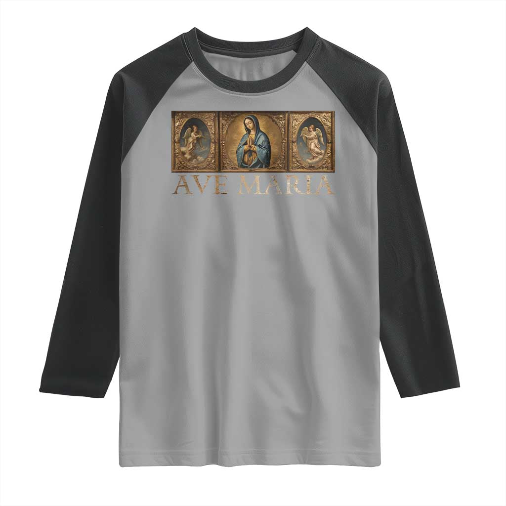 Marian Catholic Ave Maria Raglan Shirt Vintage Aesthetic Blessed Mother Mary Hail TS09 Sport Gray Black Print Your Wear
