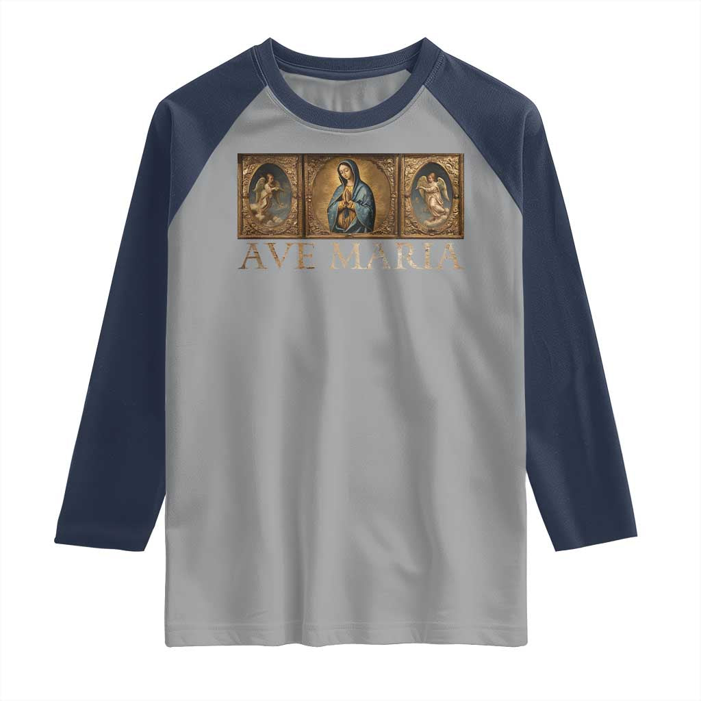 Marian Catholic Ave Maria Raglan Shirt Vintage Aesthetic Blessed Mother Mary Hail TS09 Sport Gray Navy Print Your Wear