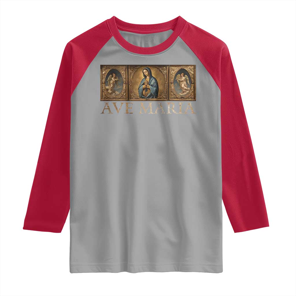 Marian Catholic Ave Maria Raglan Shirt Vintage Aesthetic Blessed Mother Mary Hail TS09 Sport Gray Red Print Your Wear