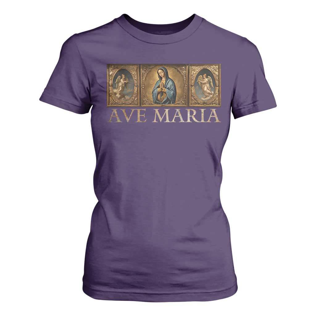 Marian Catholic Ave Maria T Shirt For Women Vintage Aesthetic Blessed Mother Mary Hail TS09 Purple Print Your Wear