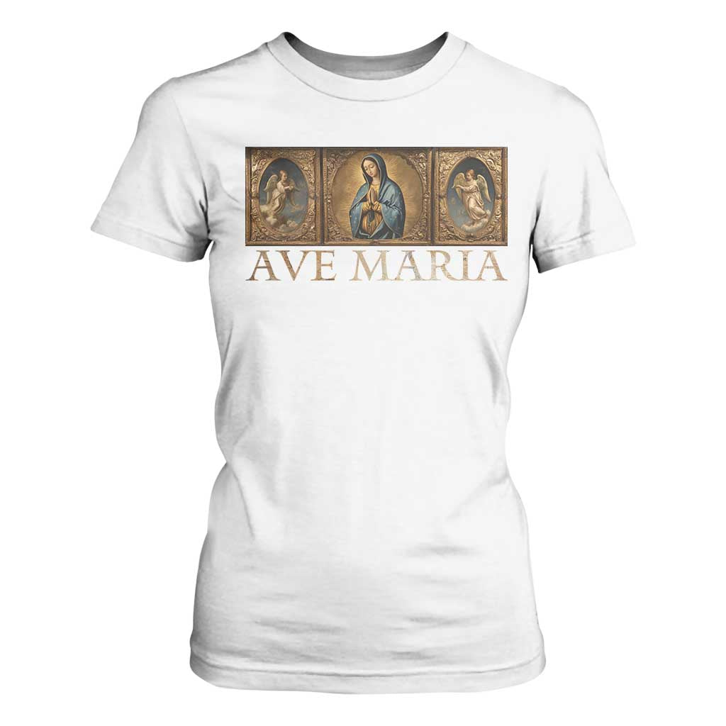Marian Catholic Ave Maria T Shirt For Women Vintage Aesthetic Blessed Mother Mary Hail TS09 White Print Your Wear