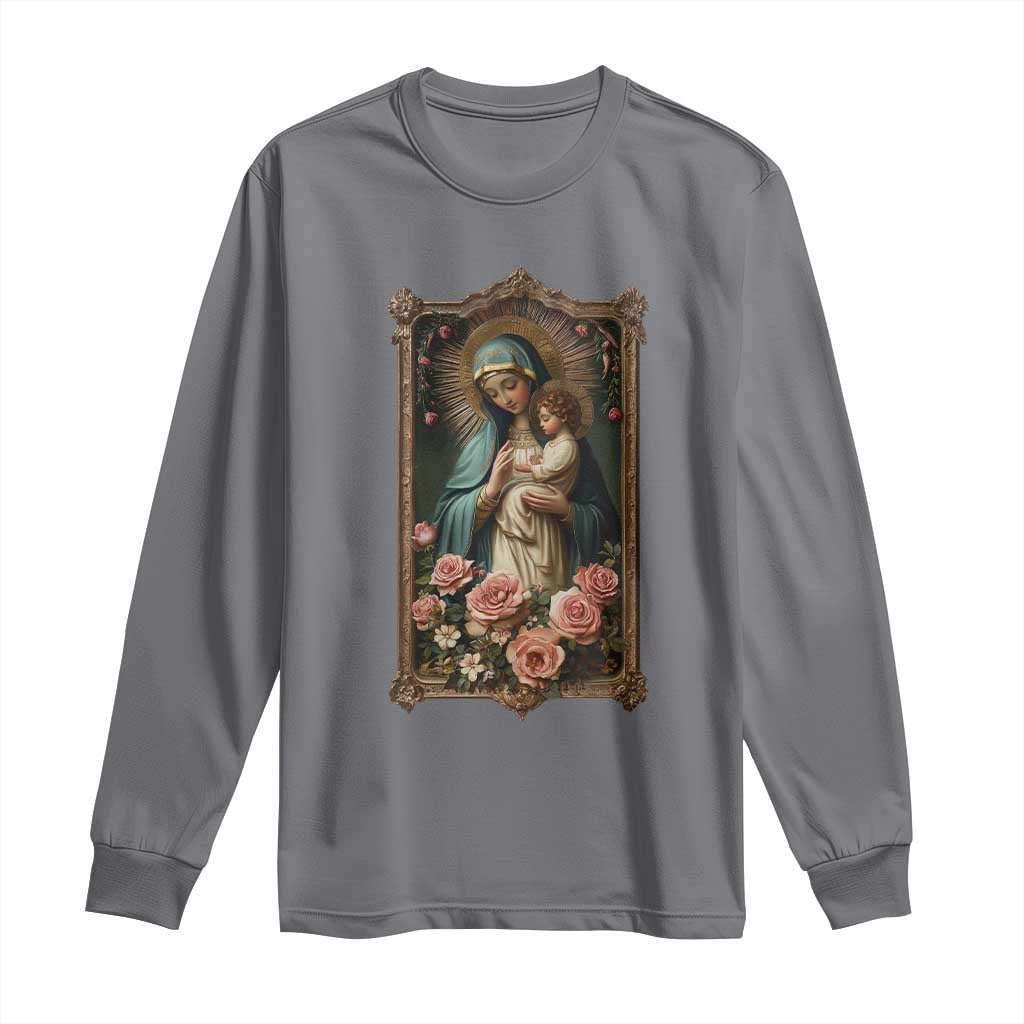Marian Catholic Ave Maria Long Sleeve Shirt Blessed Mother Mary Hail Vintage Aesthetic TS09 Charcoal Print Your Wear