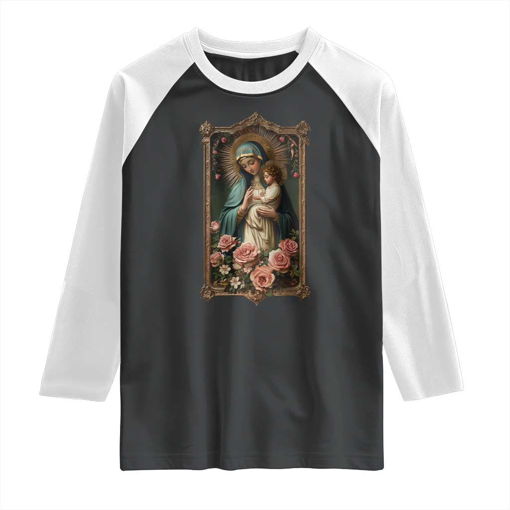 Marian Catholic Ave Maria Raglan Shirt Blessed Mother Mary Hail Vintage Aesthetic TS09 Black White Print Your Wear