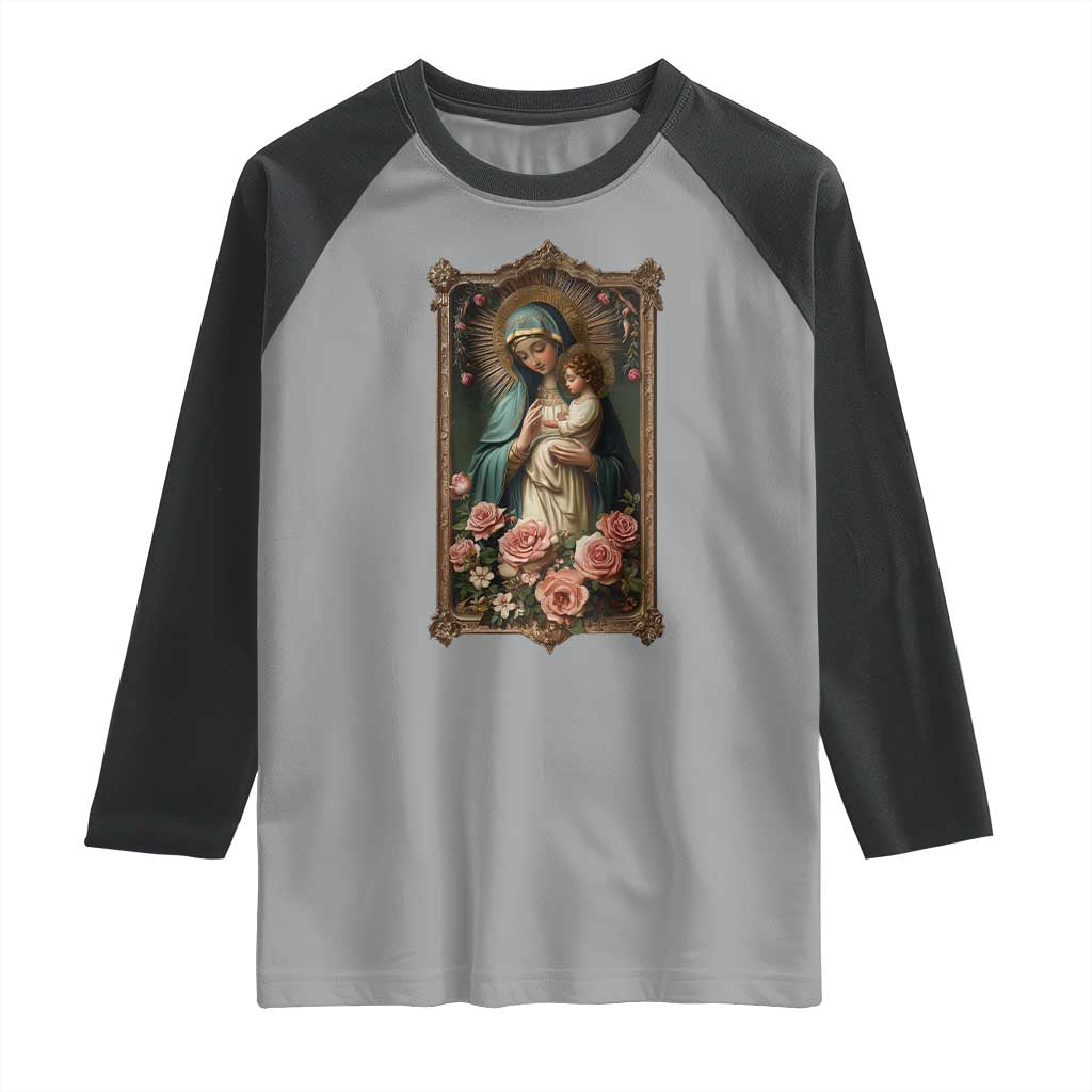 Marian Catholic Ave Maria Raglan Shirt Blessed Mother Mary Hail Vintage Aesthetic TS09 Sport Gray Black Print Your Wear