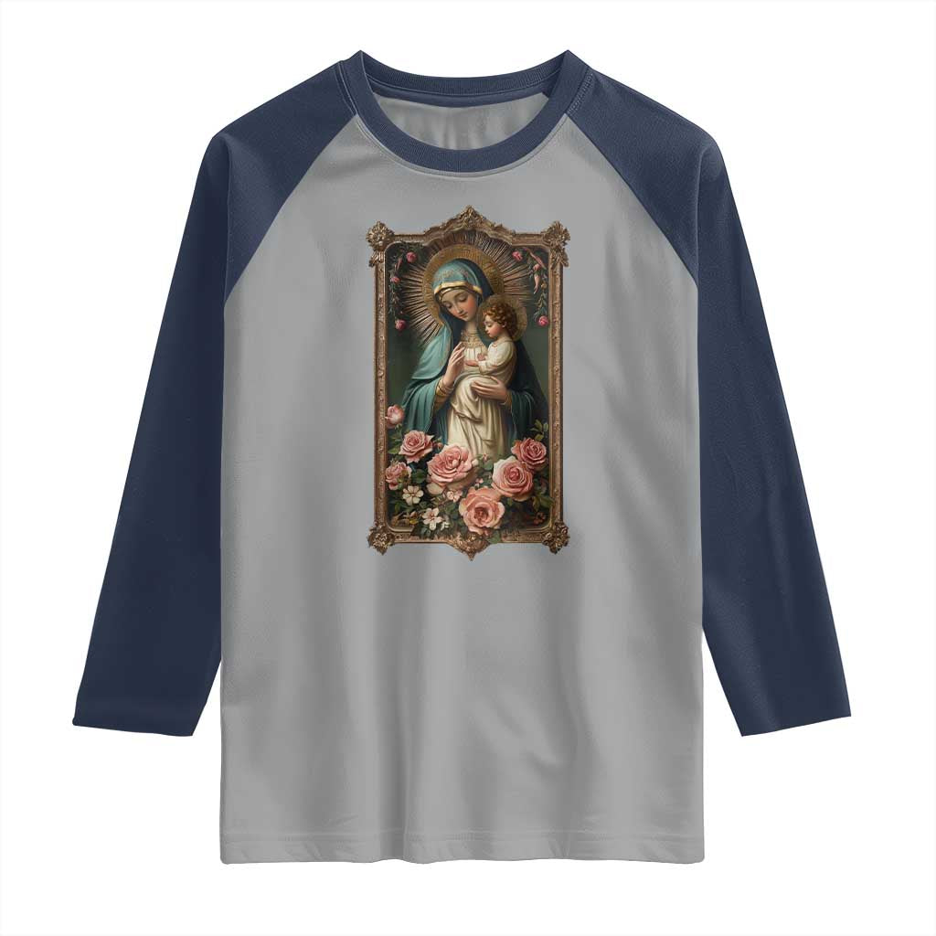 Marian Catholic Ave Maria Raglan Shirt Blessed Mother Mary Hail Vintage Aesthetic TS09 Sport Gray Navy Print Your Wear