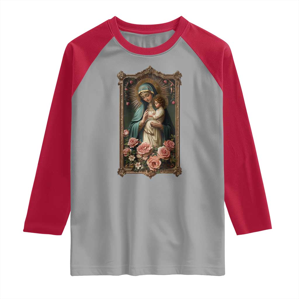 Marian Catholic Ave Maria Raglan Shirt Blessed Mother Mary Hail Vintage Aesthetic TS09 Sport Gray Red Print Your Wear