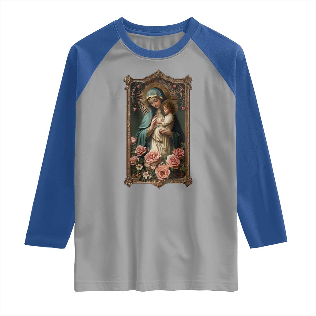Marian Catholic Ave Maria Raglan Shirt Blessed Mother Mary Hail Vintage Aesthetic TS09 Sport Gray Royal Print Your Wear
