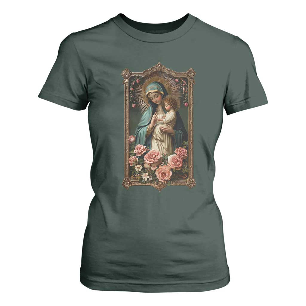 Marian Catholic Ave Maria T Shirt For Women Blessed Mother Mary Hail Vintage Aesthetic TS09 Dark Forest Green Print Your Wear