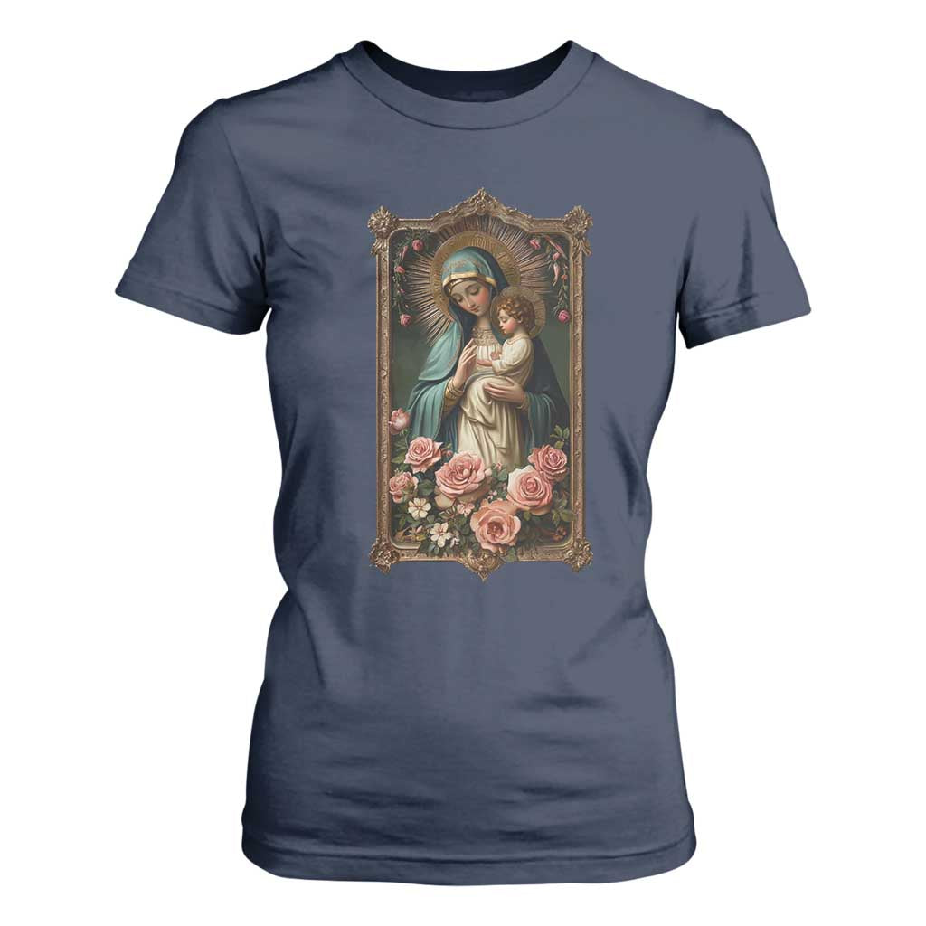 Marian Catholic Ave Maria T Shirt For Women Blessed Mother Mary Hail Vintage Aesthetic TS09 Navy Print Your Wear