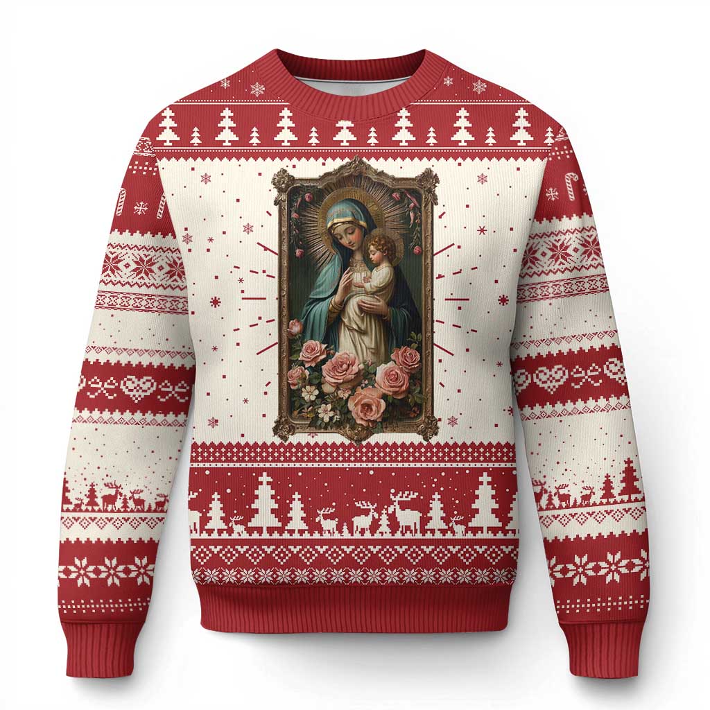 Marian Catholic Ave Maria Ugly Christmas Sweater Blessed Mother Mary Hail Vintage Aesthetic TS09 Red Print Your Wear