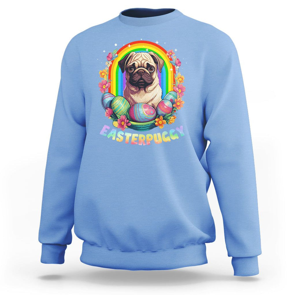 Easter Day Sweatshirt Easterpuggy Funny Pug Dog Lover Egg Basket TS09 Carolina Blue Printyourwear