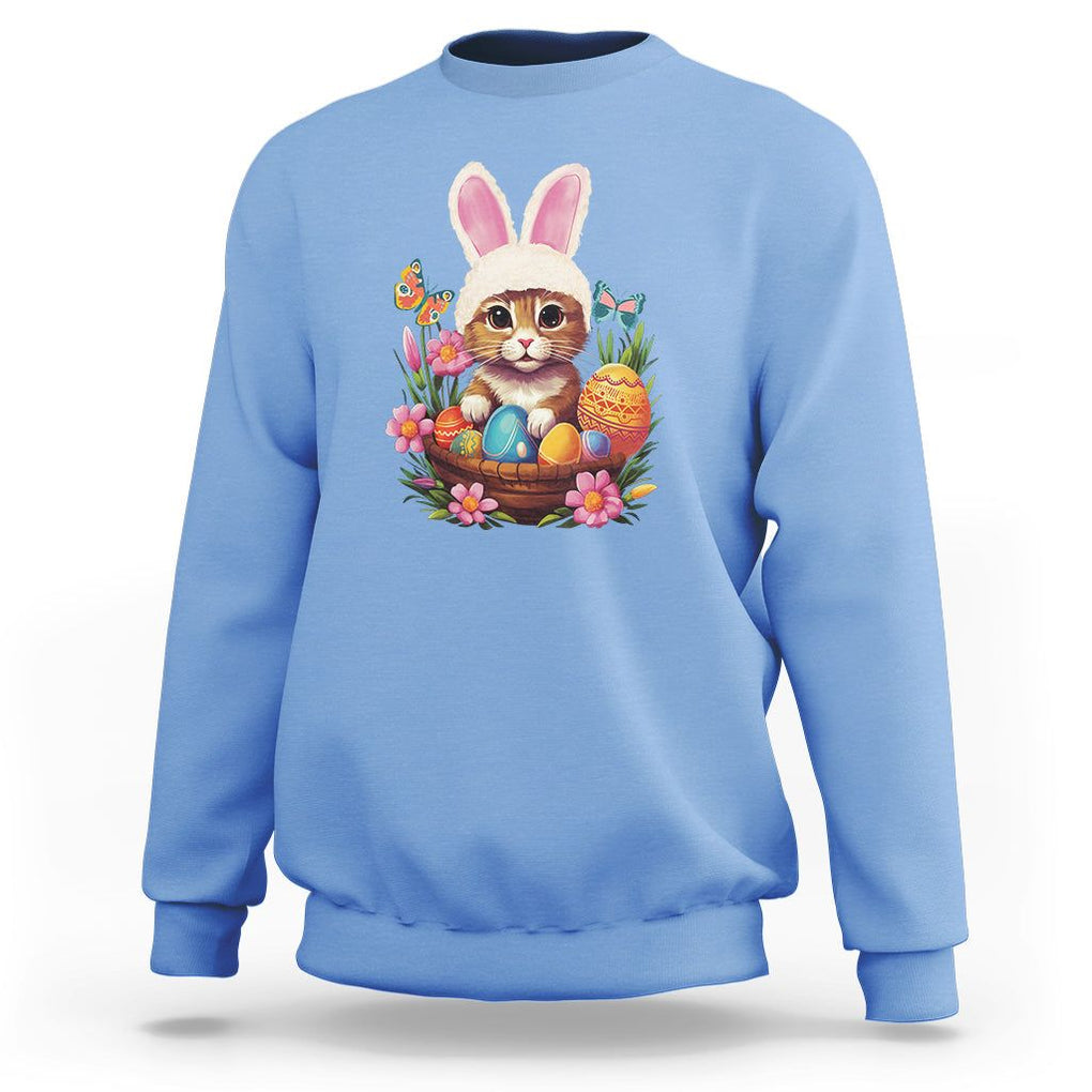 Easter Day Sweatshirt Cute Bunny Cat Lover Eggs Basket TS09 Carolina Blue Printyourwear
