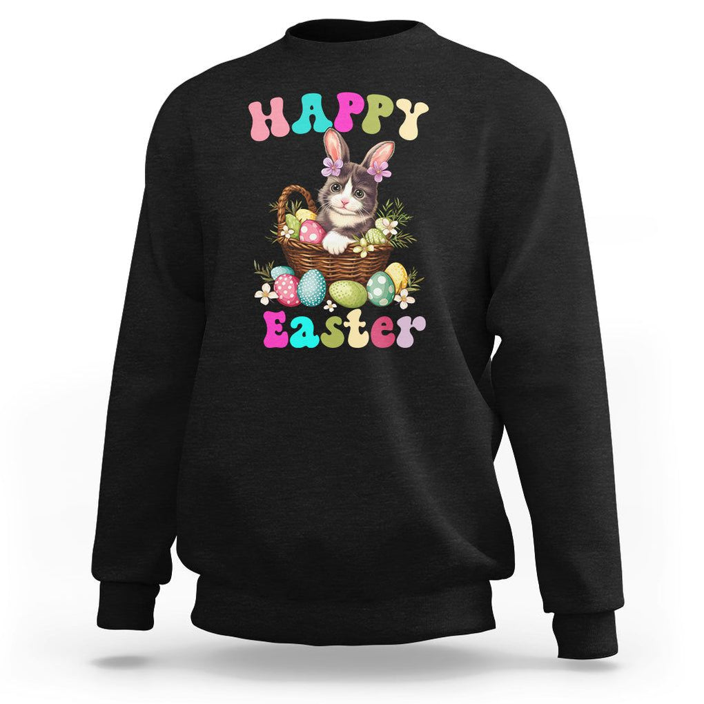 Easter Day Sweatshirt Cute Cat Bunny Costume Egg Basket TS09 Black Printyourwear
