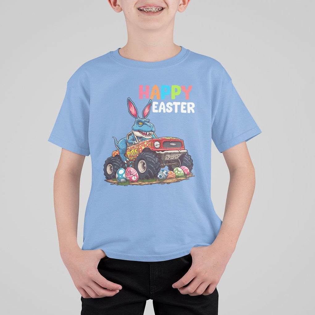 Happy Easter Day T Shirt For Kid Bunny Dinosaur Riding Monster Truck Hunting Egg TS09 Carolina Blue Printyourwear