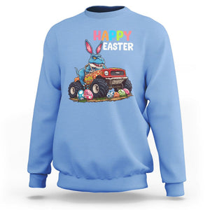 Happy Easter Day Sweatshirt Bunny Dinosaur Riding Monster Truck Hunting Egg TS09 Carolina Blue Printyourwear
