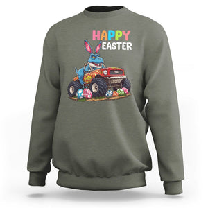 Happy Easter Day Sweatshirt Bunny Dinosaur Riding Monster Truck Hunting Egg TS09 Military Green Printyourwear