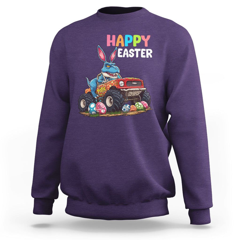 Happy Easter Day Sweatshirt Bunny Dinosaur Riding Monster Truck Hunting Egg TS09 Purple Printyourwear