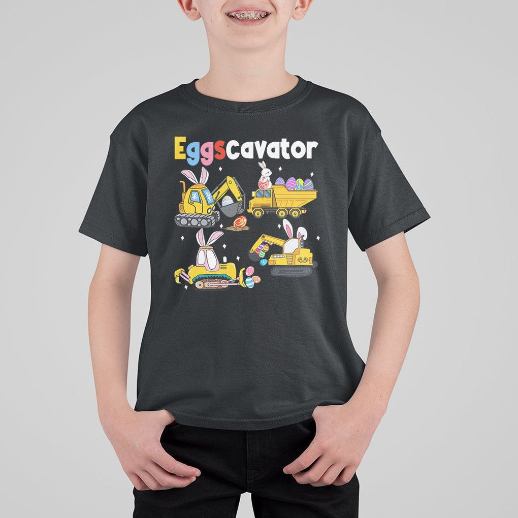Easter Day T Shirt For Kid Eggscavator Egg Hunt Construction Trucks Toddler Boys TS09 Black Printyourwear
