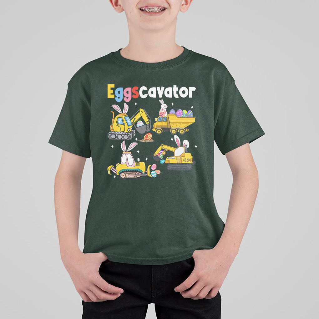 Easter Day T Shirt For Kid Eggscavator Egg Hunt Construction Trucks Toddler Boys TS09 Dark Forest Green Printyourwear