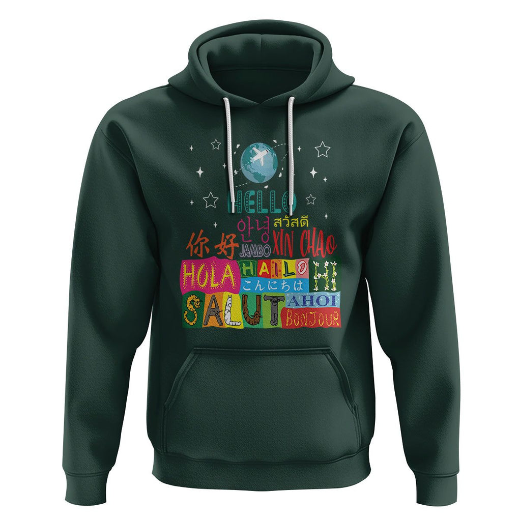 Travel Lover Hoodie Hello Word in Different Languages Greetings TS09 Dark Forest Green Printyourwear