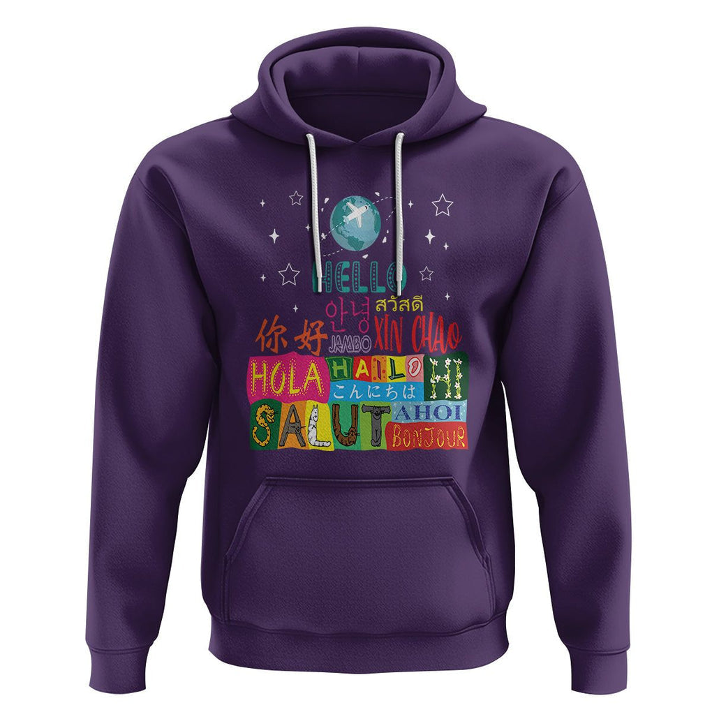 Travel Lover Hoodie Hello Word in Different Languages Greetings TS09 Purple Printyourwear