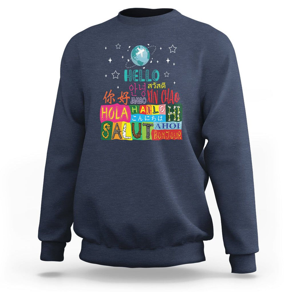 Travel Lover Sweatshirt Hello Word in Different Languages Greetings TS09 Navy Printyourwear