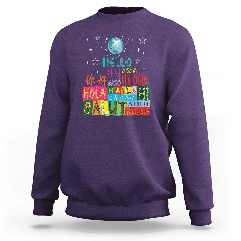 Travel Lover Sweatshirt Hello Word in Different Languages Greetings TS09 Purple Printyourwear