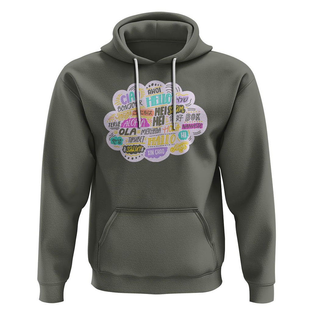 Travel Lover Hoodie Hello Word in Different Languages Greetings TS09 Military Green Printyourwear