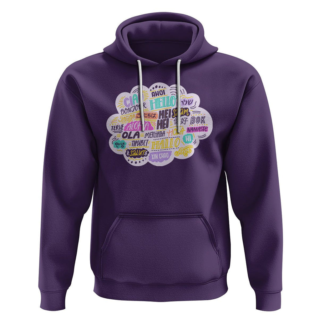 Travel Lover Hoodie Hello Word in Different Languages Greetings TS09 Purple Printyourwear