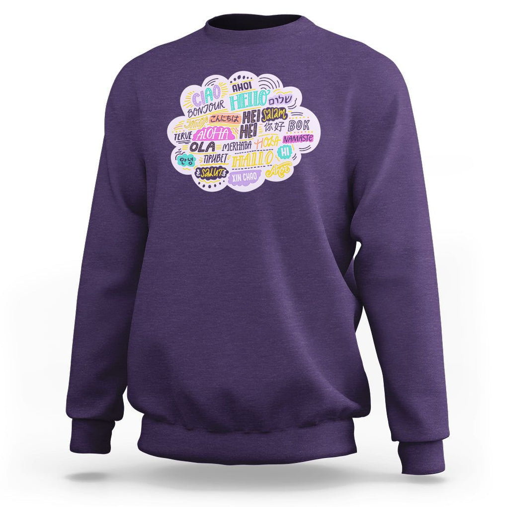 Travel Lover Sweatshirt Hello Word in Different Languages Greetings TS09 Purple Printyourwear