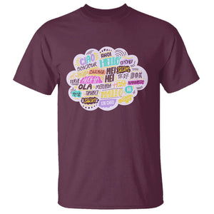 Travel Lover T Shirt Hello Word in Different Languages Greetings TS09 Maroon Printyourwear