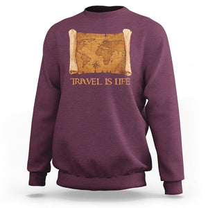 Travel is Life Sweatshirt Vintage World Map Traveling TS09 Maroon Printyourwear
