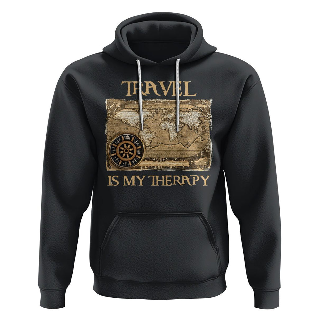 Travel Is My Therapy Hoodie Vintage World Map Traveling TS09 Black Printyourwear